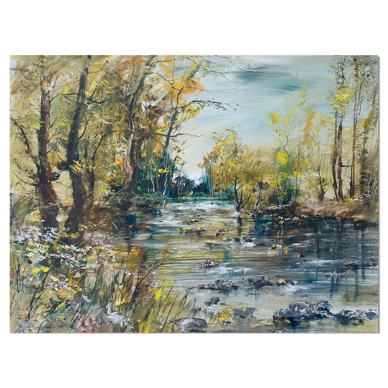 Designart - Rocky River in the Forest - Landscapes Painting Print on Wrapped Canvas